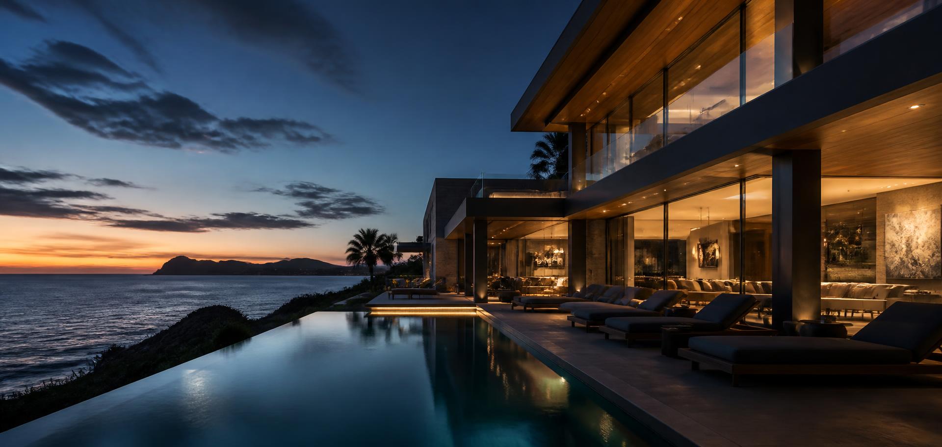 Contemporary oceanfront residence at night in Los Cabos