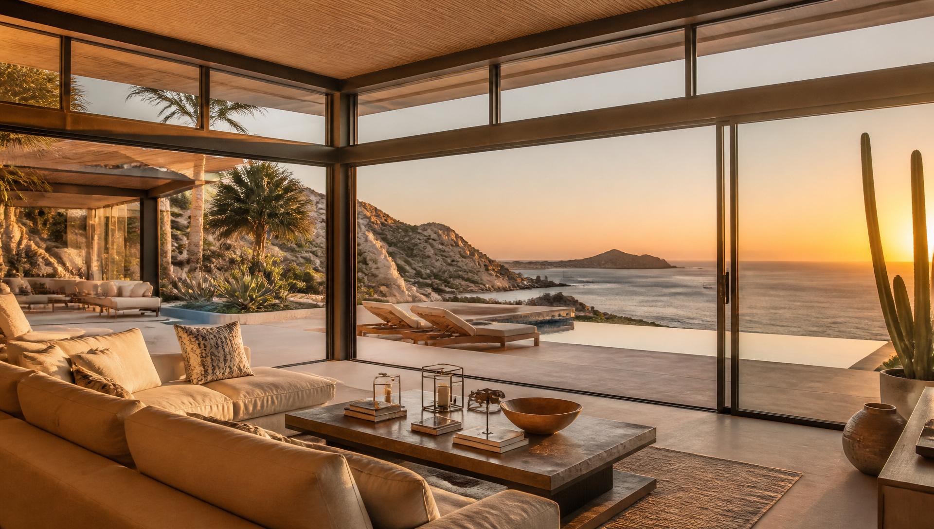 Sala con ventanales de piso a techo frente al mar en una villa de Los Cabos al atardecer